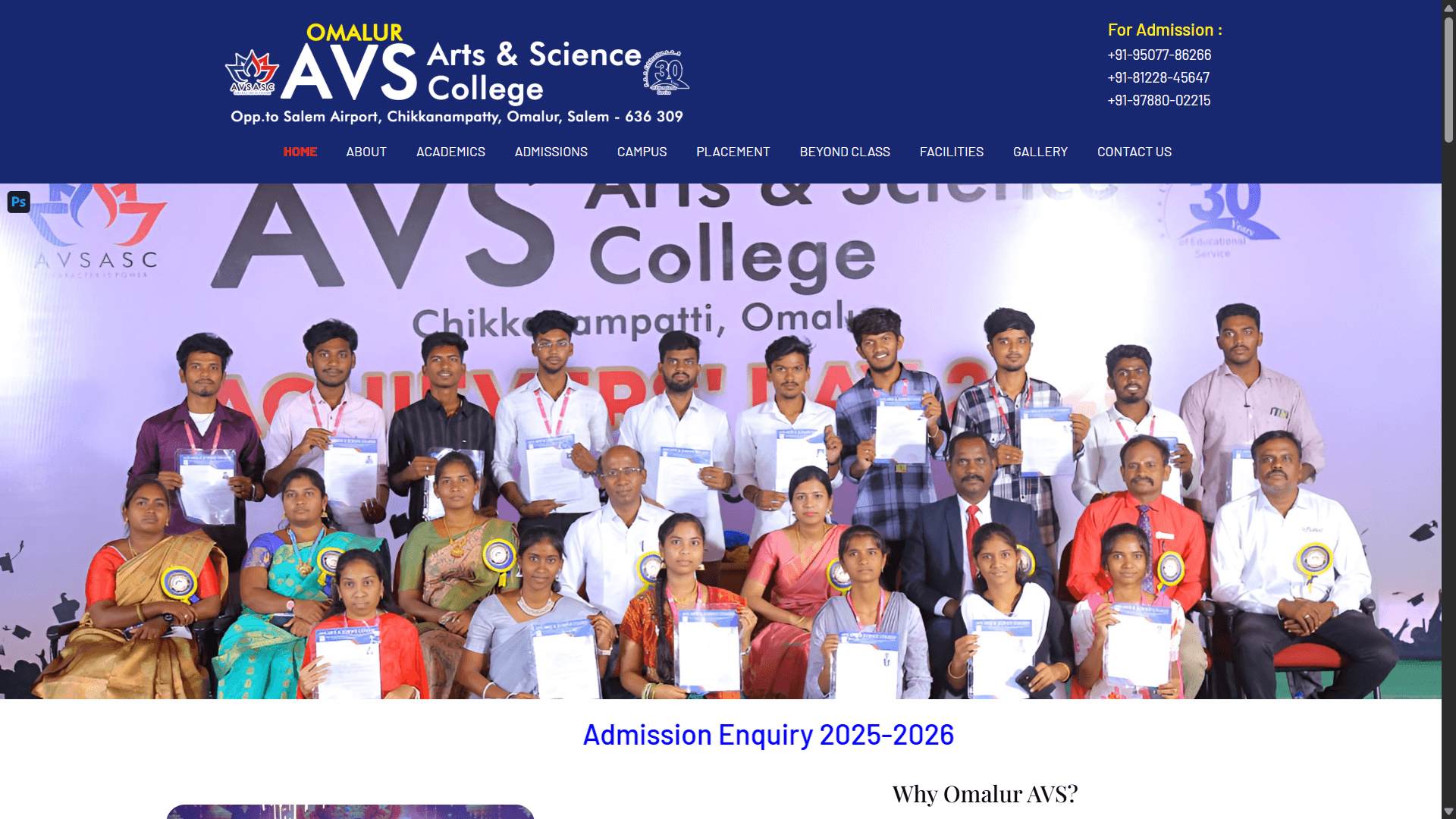AVS College of Arts and Science website interface